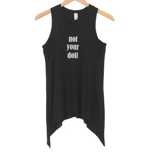 Poetry + Cotton Black Tank Top Size M Not Your Doll Graphic Asymmetric Hem NWT